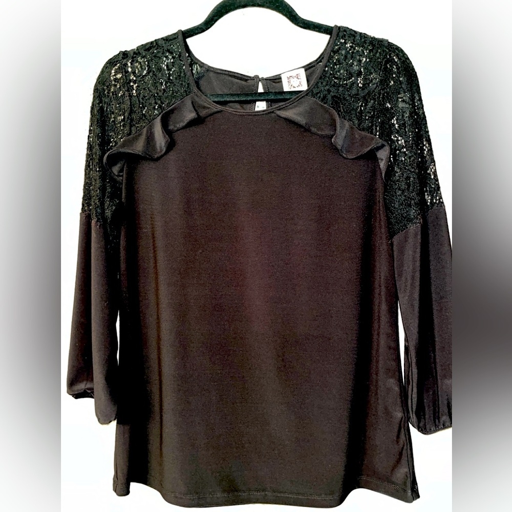 Anne Klein Black 3/4 Sleeve Top w/ Lace Detail SZ S